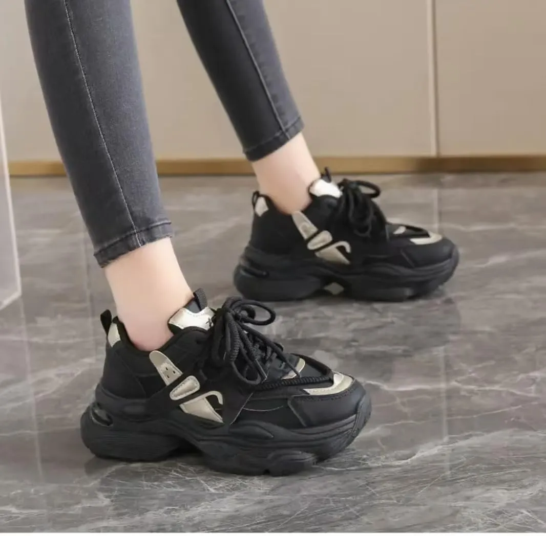 Womens Fashion Leather Lace Up Chunky Platform Sneakers Casual Breathable Shock Absorbing Heighten Walking Workout Driving Shoes