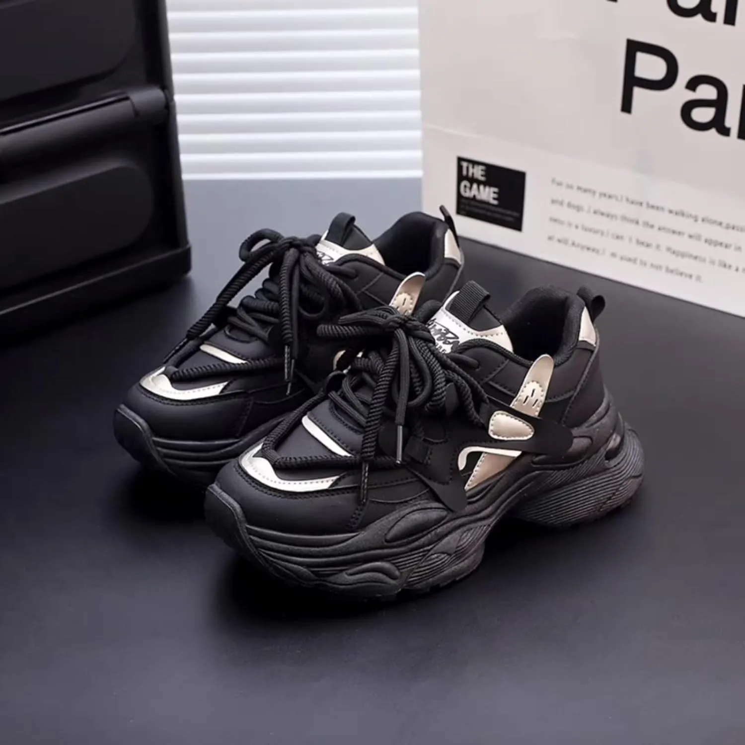 Womens Fashion Leather Lace Up Chunky Platform Sneakers Casual Breathable Shock Absorbing Heighten Walking Workout Driving Shoes