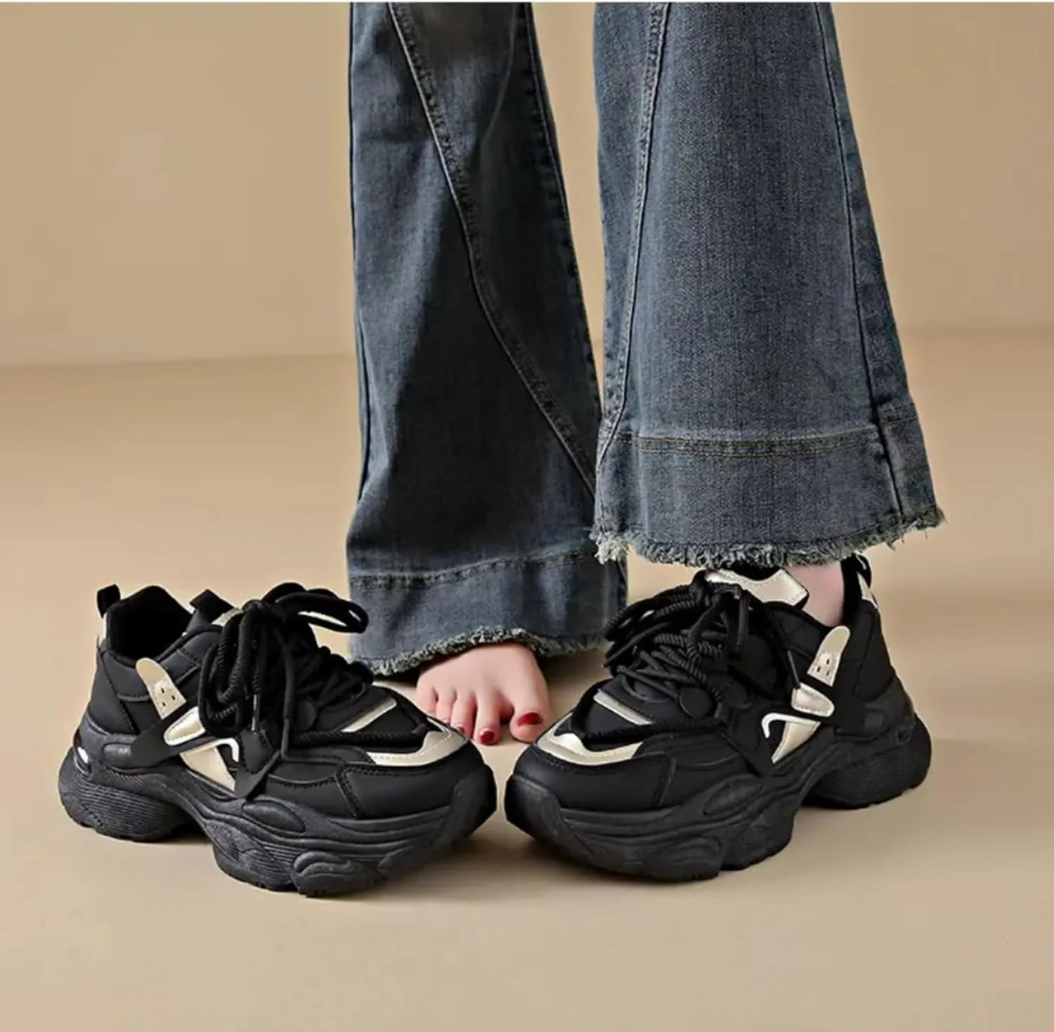 Womens Fashion Leather Lace Up Chunky Platform Sneakers Casual Breathable Shock Absorbing Heighten Walking Workout Driving Shoes