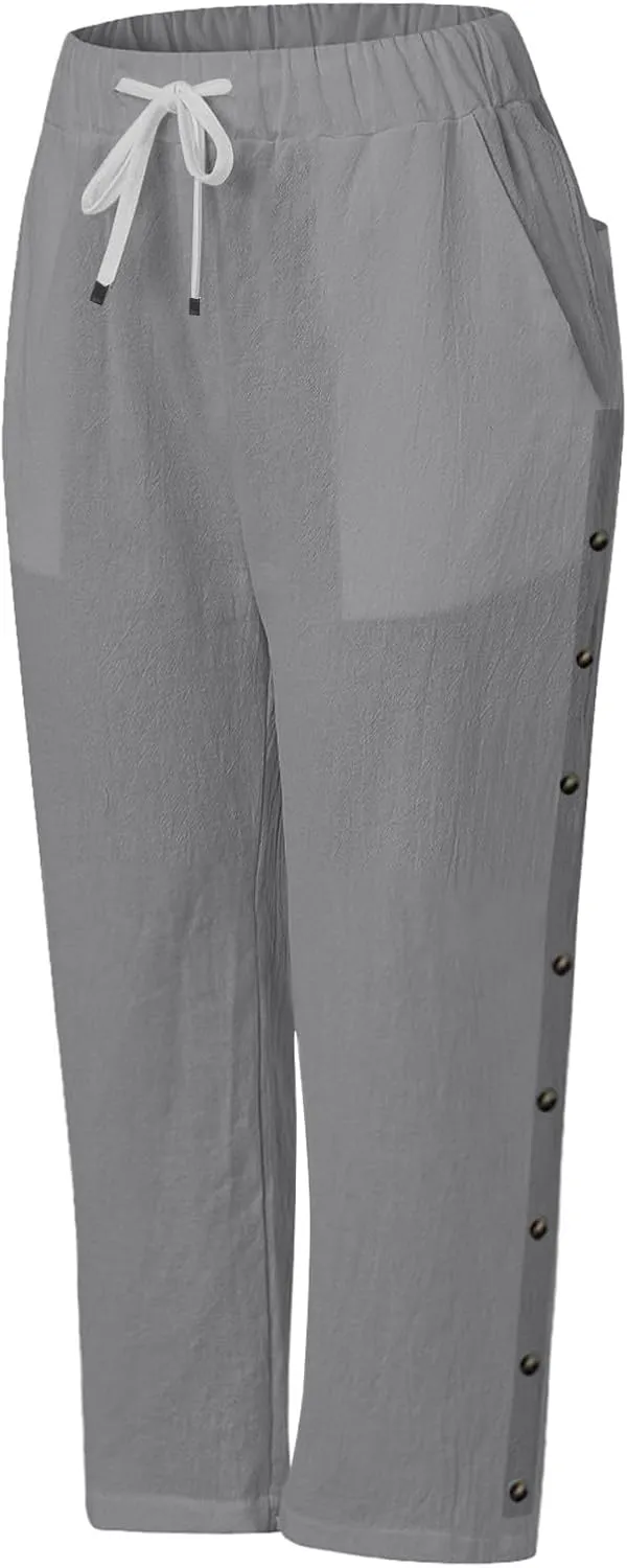 Womens Fashionable Loose Cropped Pants Summer Stretchy Drawstring Casual Shorts Above Knee Side Button Lounge Trouser