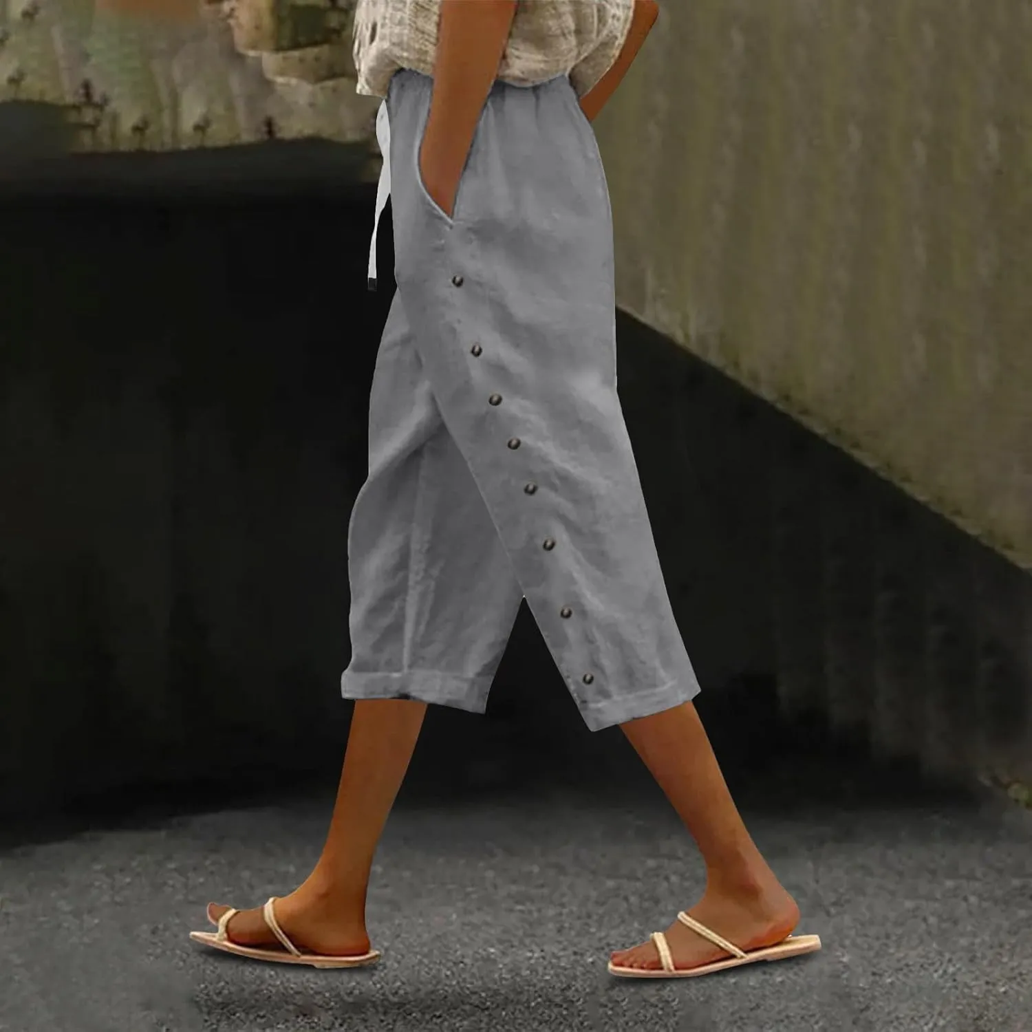 Womens Fashionable Loose Cropped Pants Summer Stretchy Drawstring Casual Shorts Above Knee Side Button Lounge Trouser