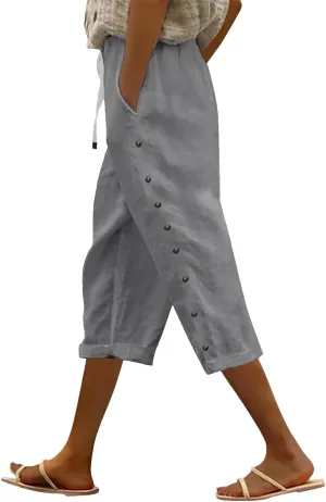 Womens Fashionable Loose Cropped Pants Summer Stretchy Drawstring Casual Shorts Above Knee Side Button Lounge Trouser