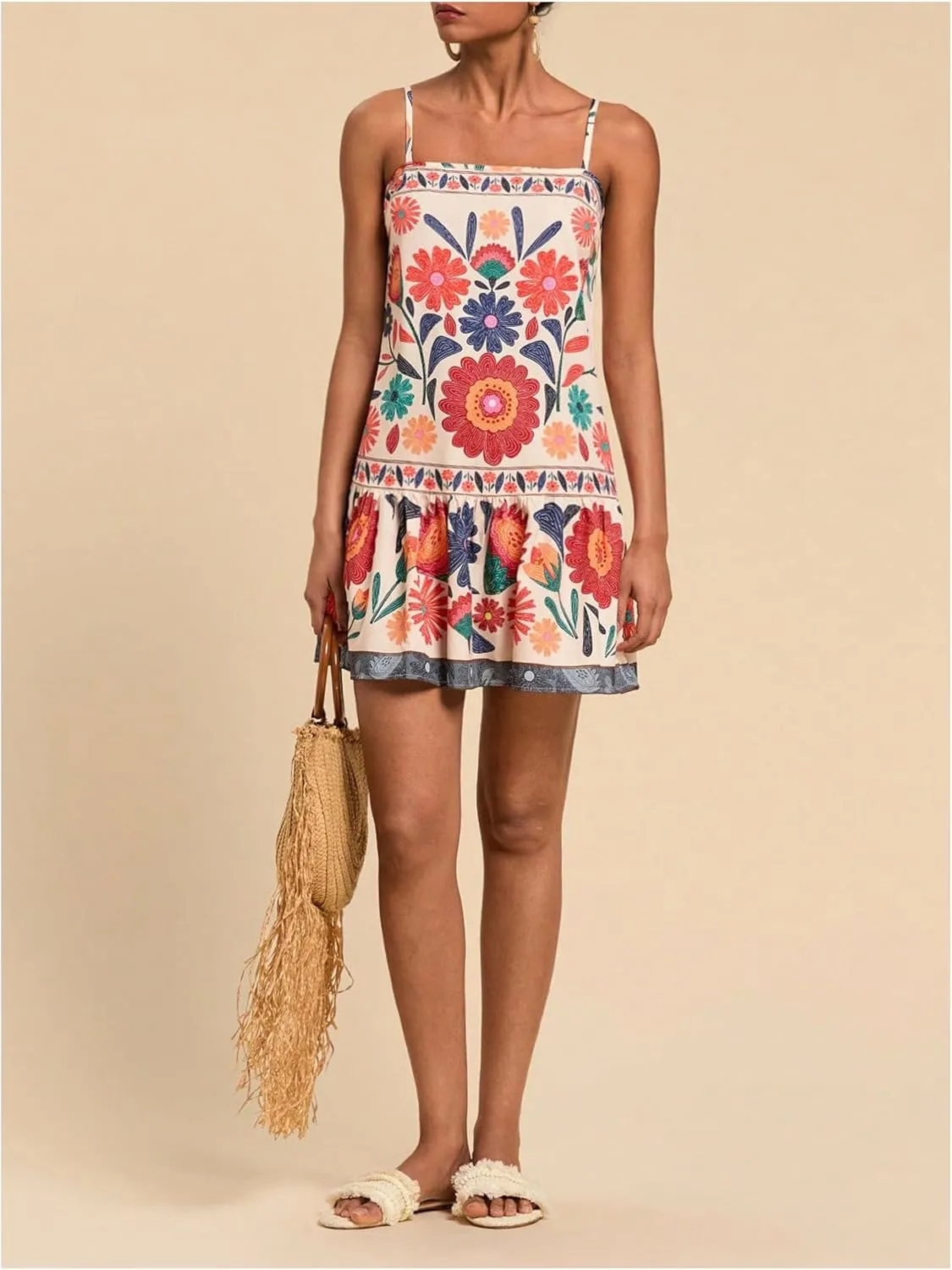 Women's Floral Boho Flowy Mini Cami Dress Ruffle Hem Spaghetti Strap Vacation Tank Dresses
