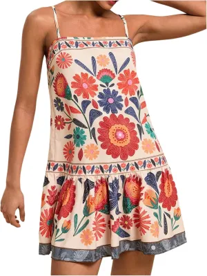 Women's Floral Boho Flowy Mini Cami Dress Ruffle Hem Spaghetti Strap Vacation Tank Dresses