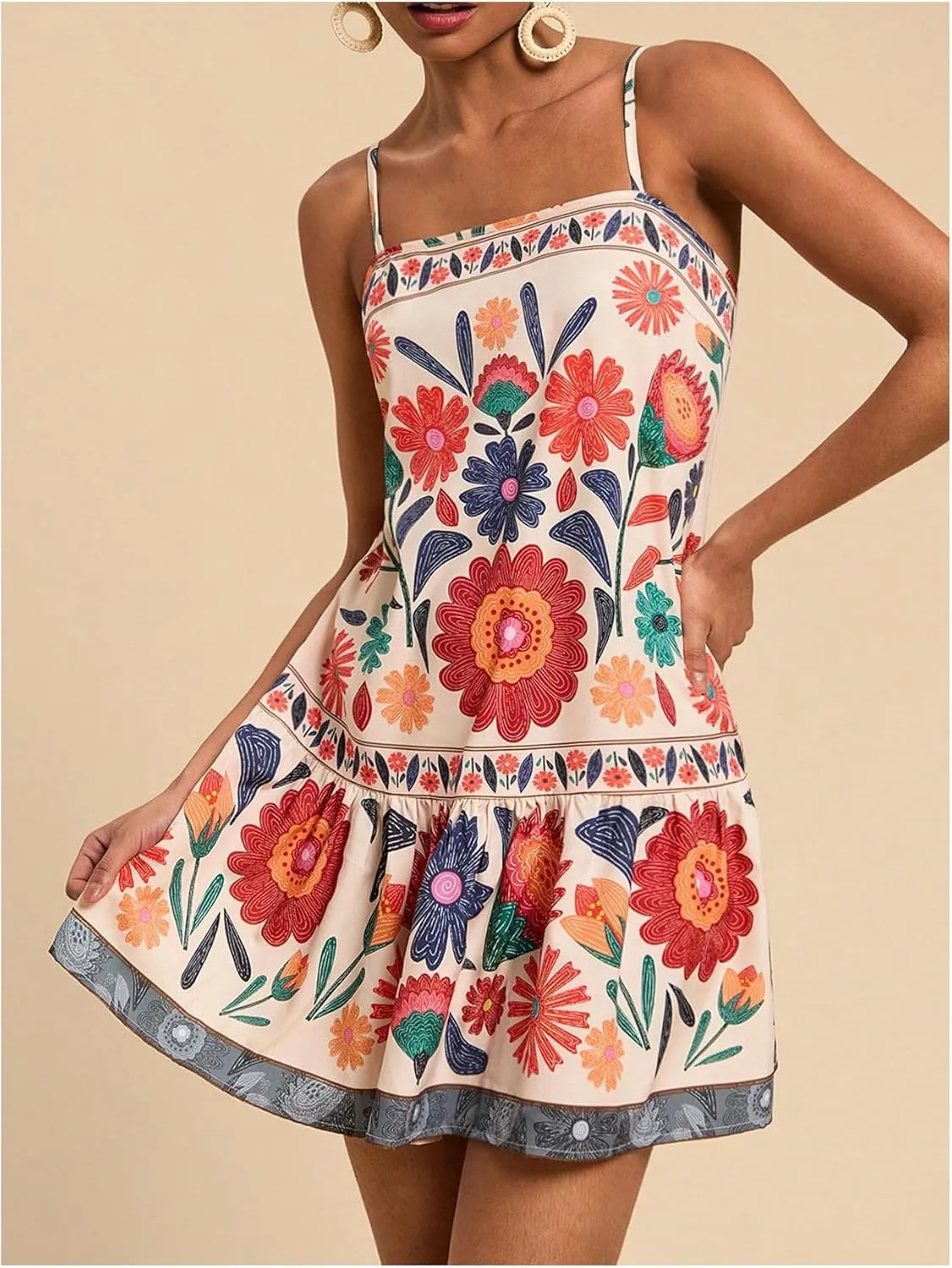 Women's Floral Boho Flowy Mini Cami Dress Ruffle Hem Spaghetti Strap Vacation Tank Dresses