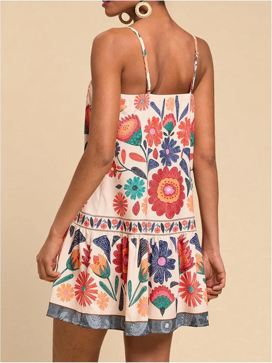 Women's Floral Boho Flowy Mini Cami Dress Ruffle Hem Spaghetti Strap Vacation Tank Dresses