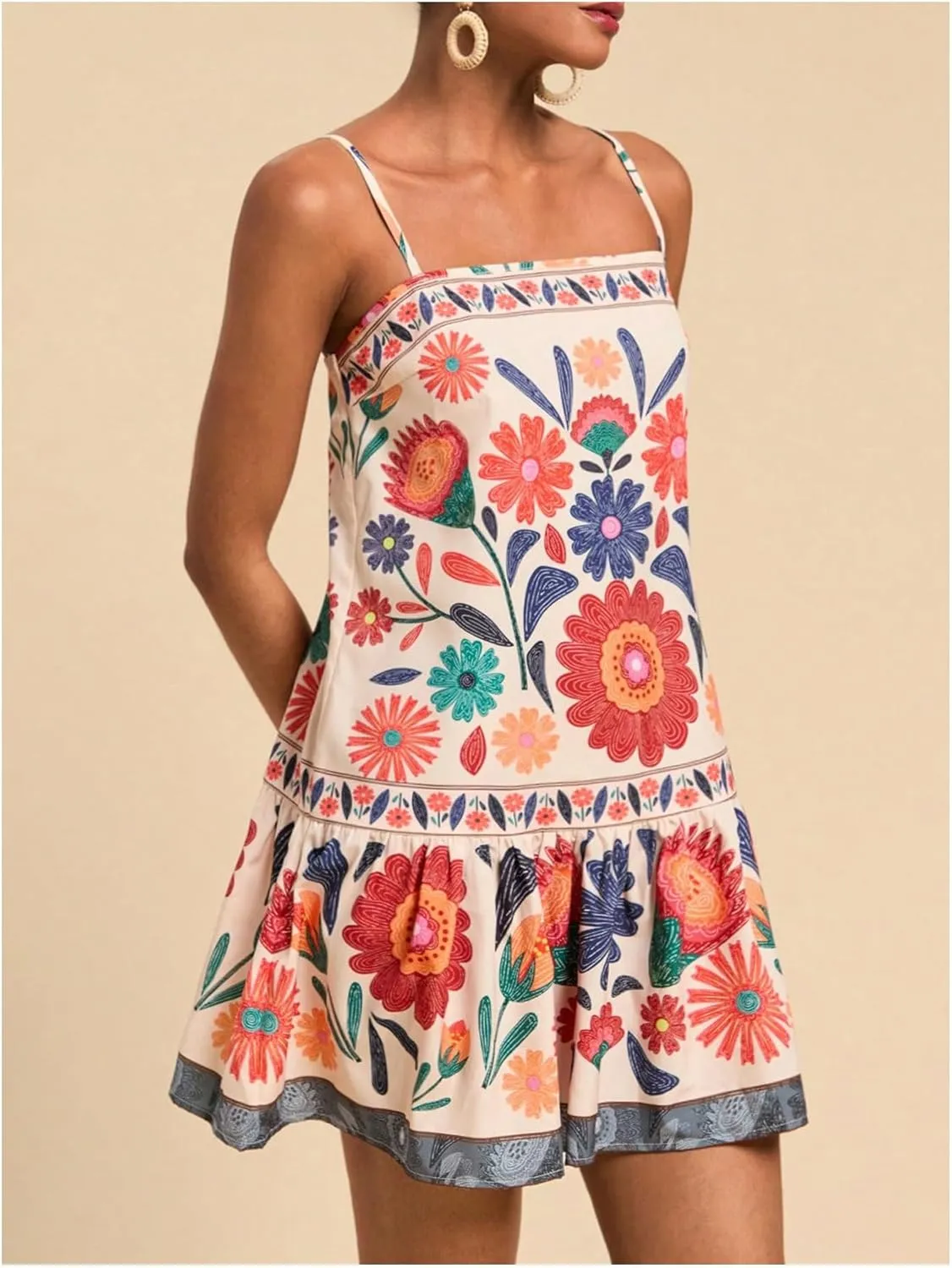 Women's Floral Boho Flowy Mini Cami Dress Ruffle Hem Spaghetti Strap Vacation Tank Dresses