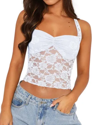 Women's Floral Lace Halter Top Mesh See Through Sleeveless Tie Back Summer Crop Tops Going Out Outfits