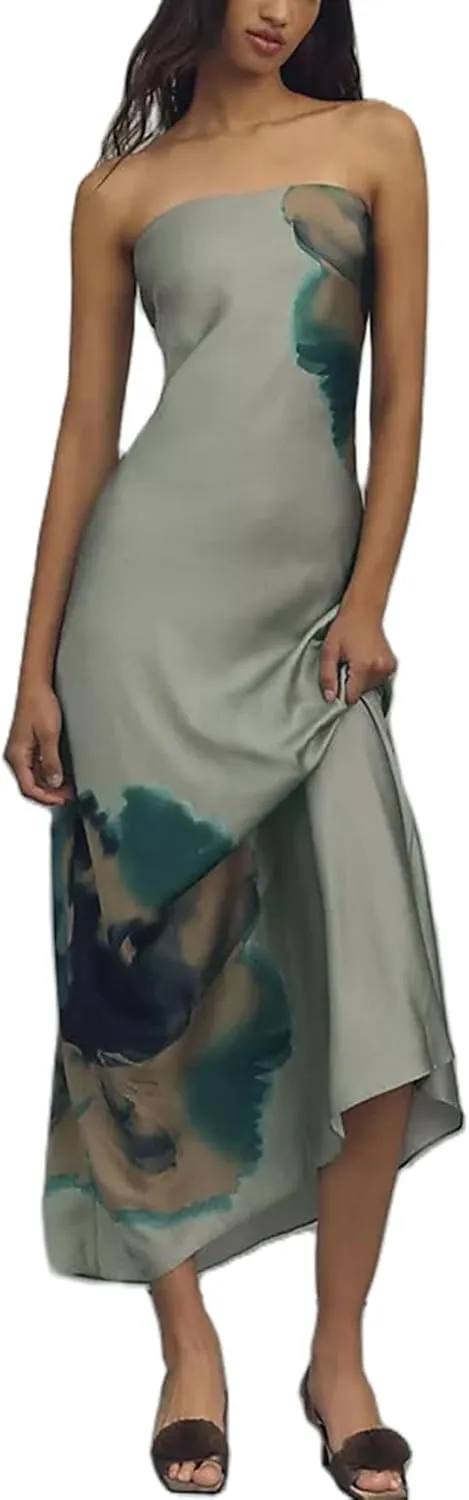 Womens Floral Strapless Bodycon Maxi Dress Sexy Backless Long Tube Dress Y2K Off Shoulder Summer Beach Dress