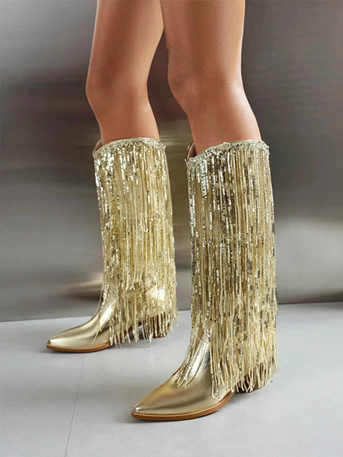 Women's Fringe Metallic Cowboy Boots Knee High Pointed Toe Chunky Heel Pull-On Cowgirl Boots Shining Tassel Wide Calf Western Tall Boots