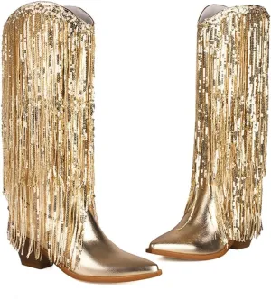 Women's Fringe Metallic Cowboy Boots Knee High Pointed Toe Chunky Heel Pull-On Cowgirl Boots Shining Tassel Wide Calf Western Tall Boots