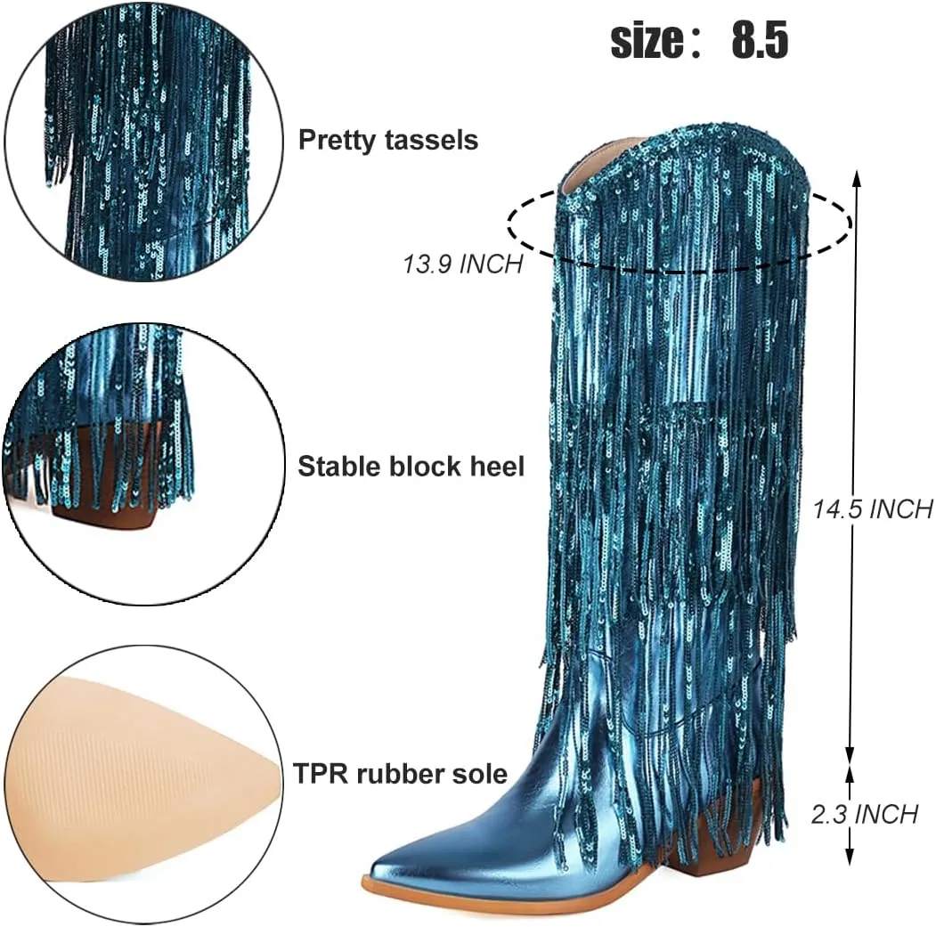 Women's Fringe Metallic Cowboy Boots Knee High Pointed Toe Chunky Heel Pull-On Cowgirl Boots Shining Tassel Wide Calf Western Tall Boots