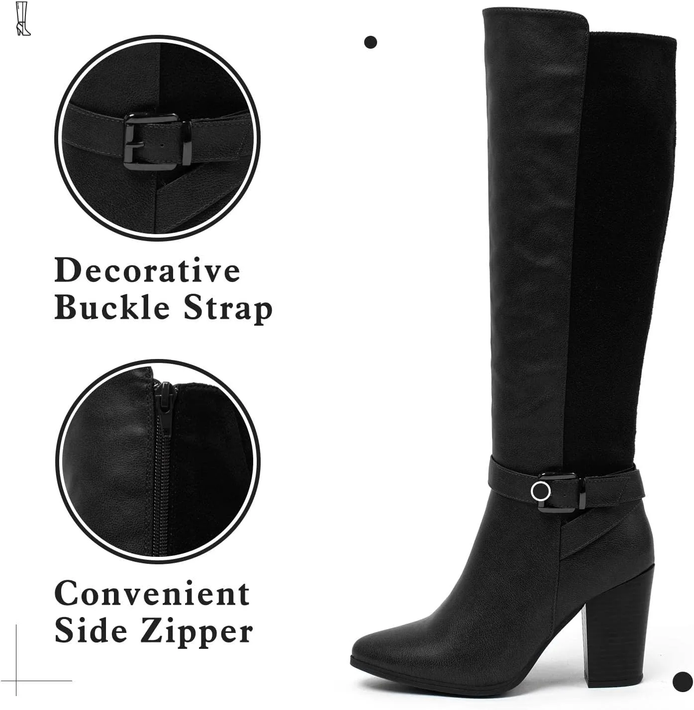 Women's Heeled Knee High Boots Zip Up High Chunky Heeled Boots