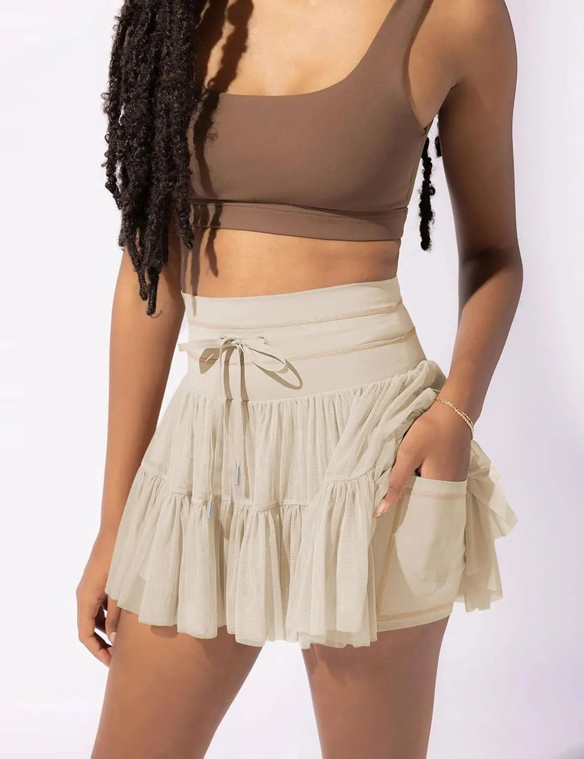 Womens High Waist Pleated Mini Skirt Casual Beach Boho Drawstring Layered Tiered Tennis Short Skirts for Girls ﻿