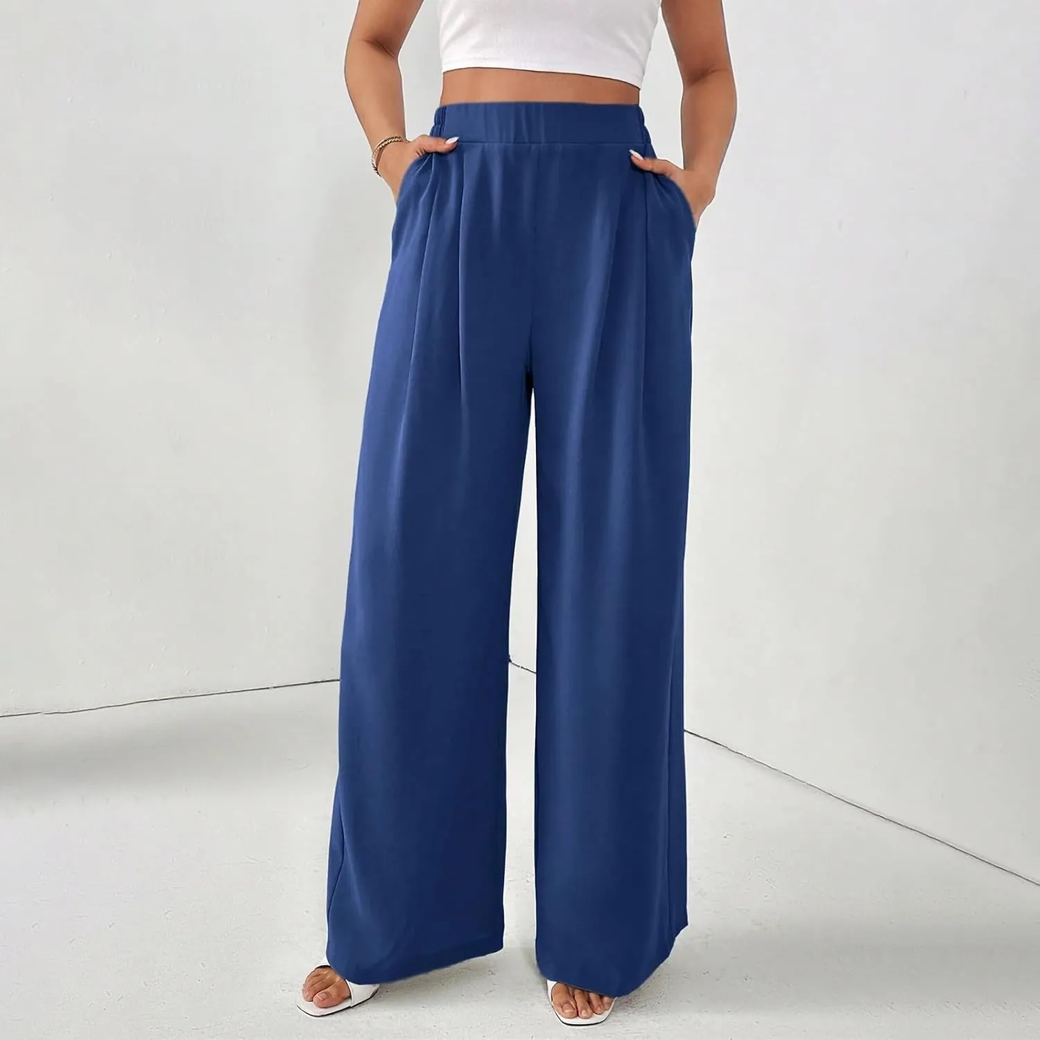 Women's High-Waisted Wide-Leg Pants Various Occasion Casual Trouser Stretchy Waist Office Regular Elegant Lounge Pant