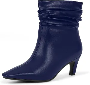 Women's Kitten Heel Slouch Ankle Boots Pleated Closed Square Toe Booties
