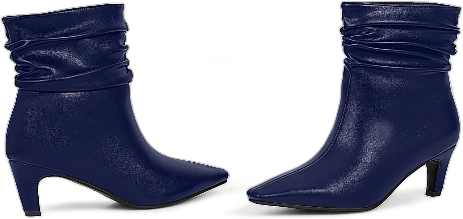 Women's Kitten Heel Slouch Ankle Boots Pleated Closed Square Toe Booties