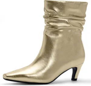 Women's Kitten Heel Slouch Ankle Boots Pleated Closed Square Toe Booties
