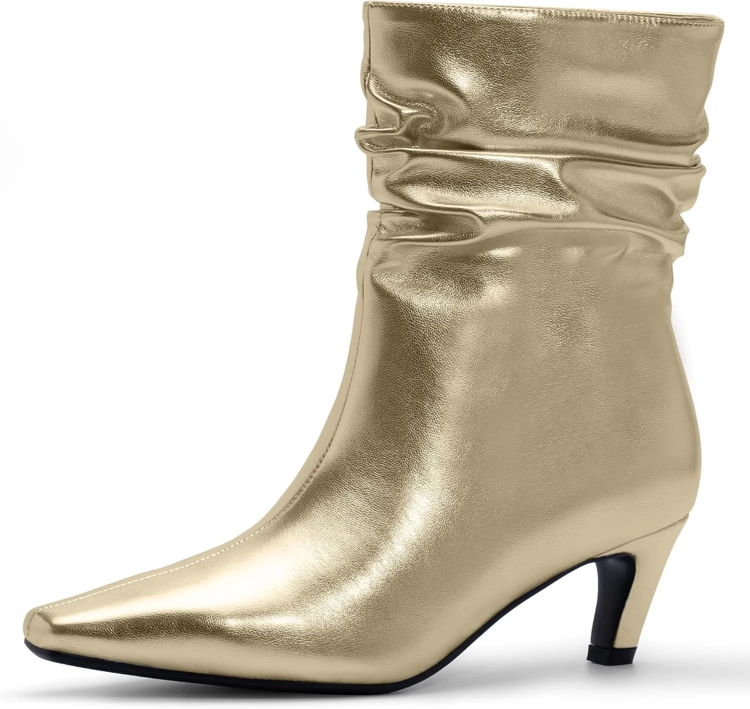 Women's Kitten Heel Slouch Ankle Boots Pleated Closed Square Toe Booties