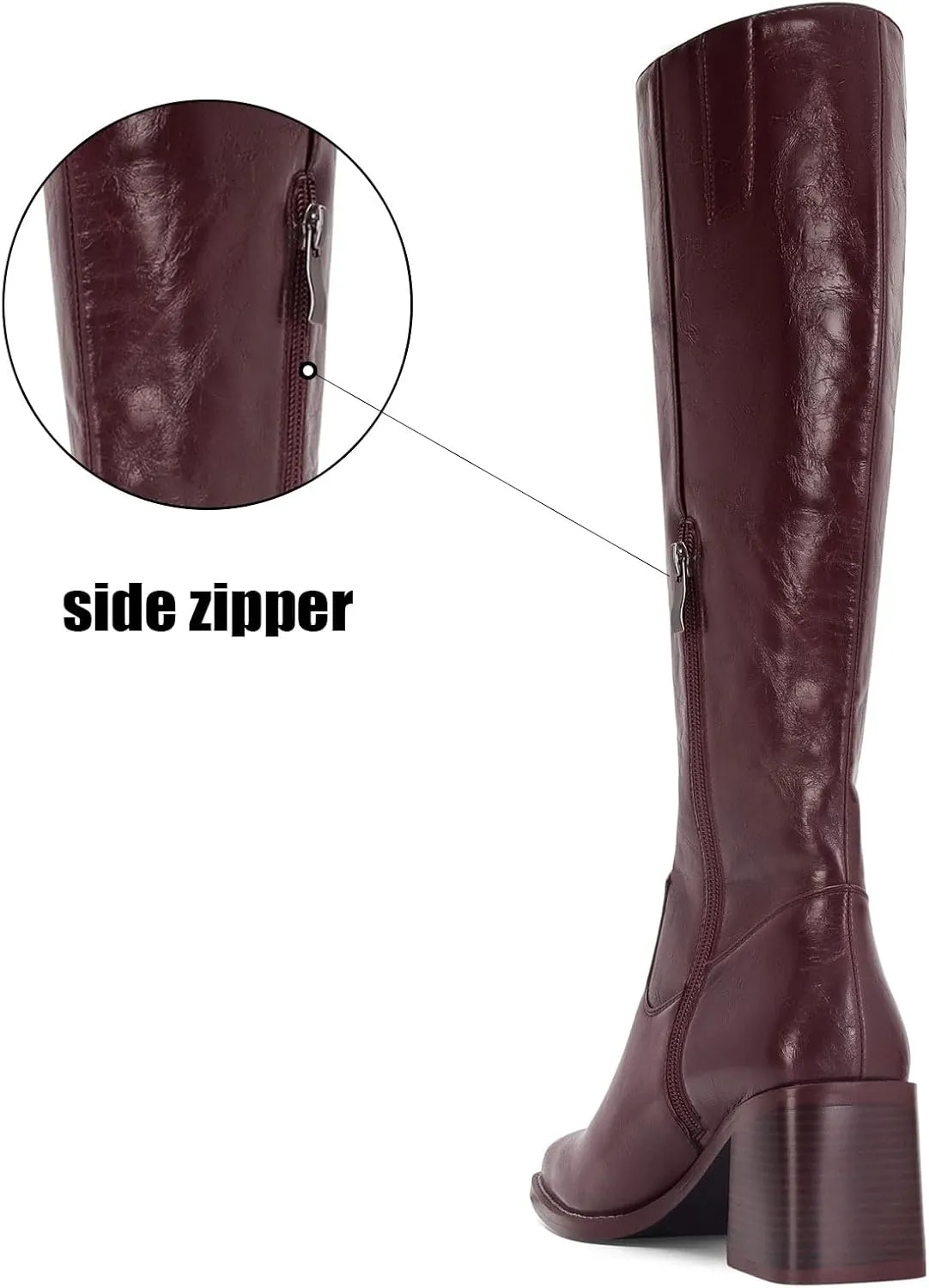 Women's Knee High Leather Boots with Zipper Square Toe Chunky Heeled Tall Boots