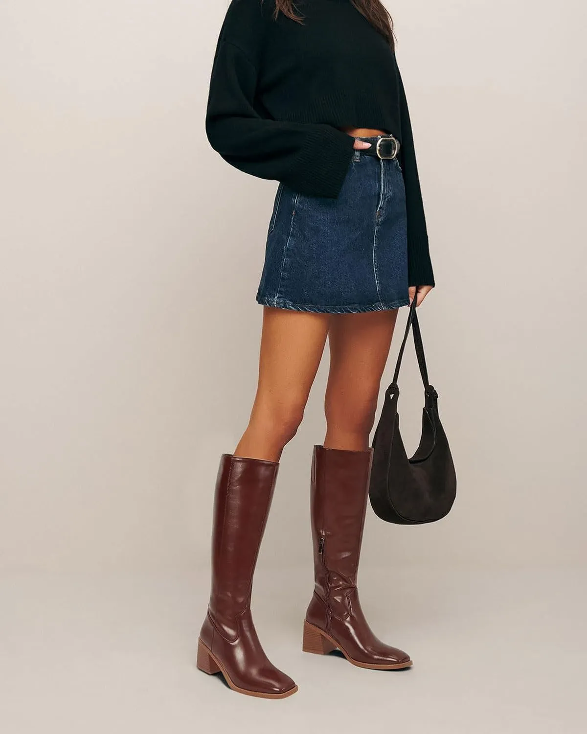 Women's Knee High Leather Boots with Zipper Square Toe Chunky Heeled Tall Boots