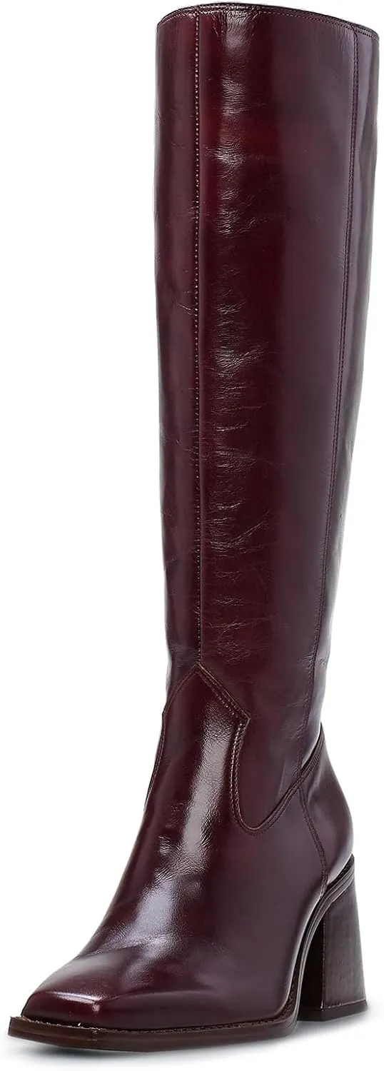 Women's Knee High Leather Boots with Zipper Square Toe Chunky Heeled Tall Boots