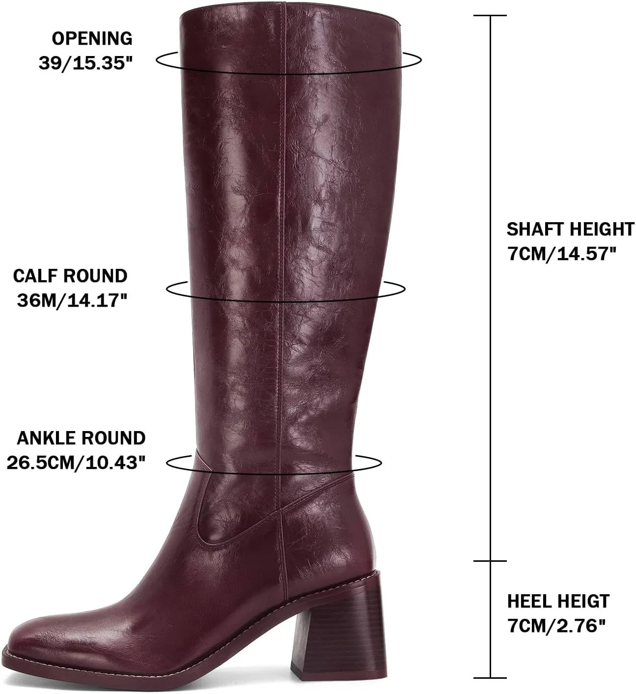 Women's Knee High Leather Boots with Zipper Square Toe Chunky Heeled Tall Boots