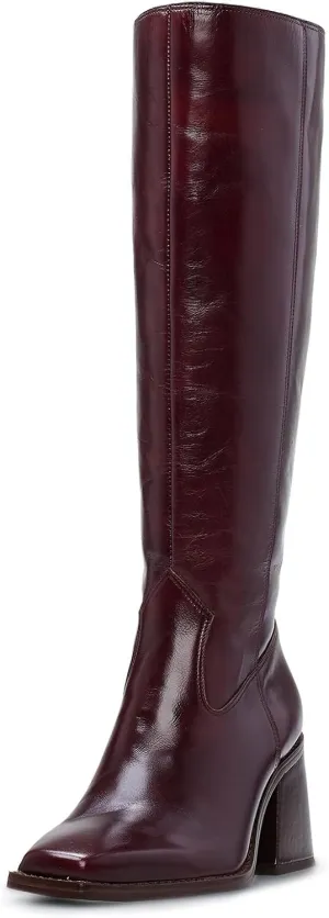 Women's Knee High Leather Boots with Zipper Square Toe Chunky Heeled Tall Boots