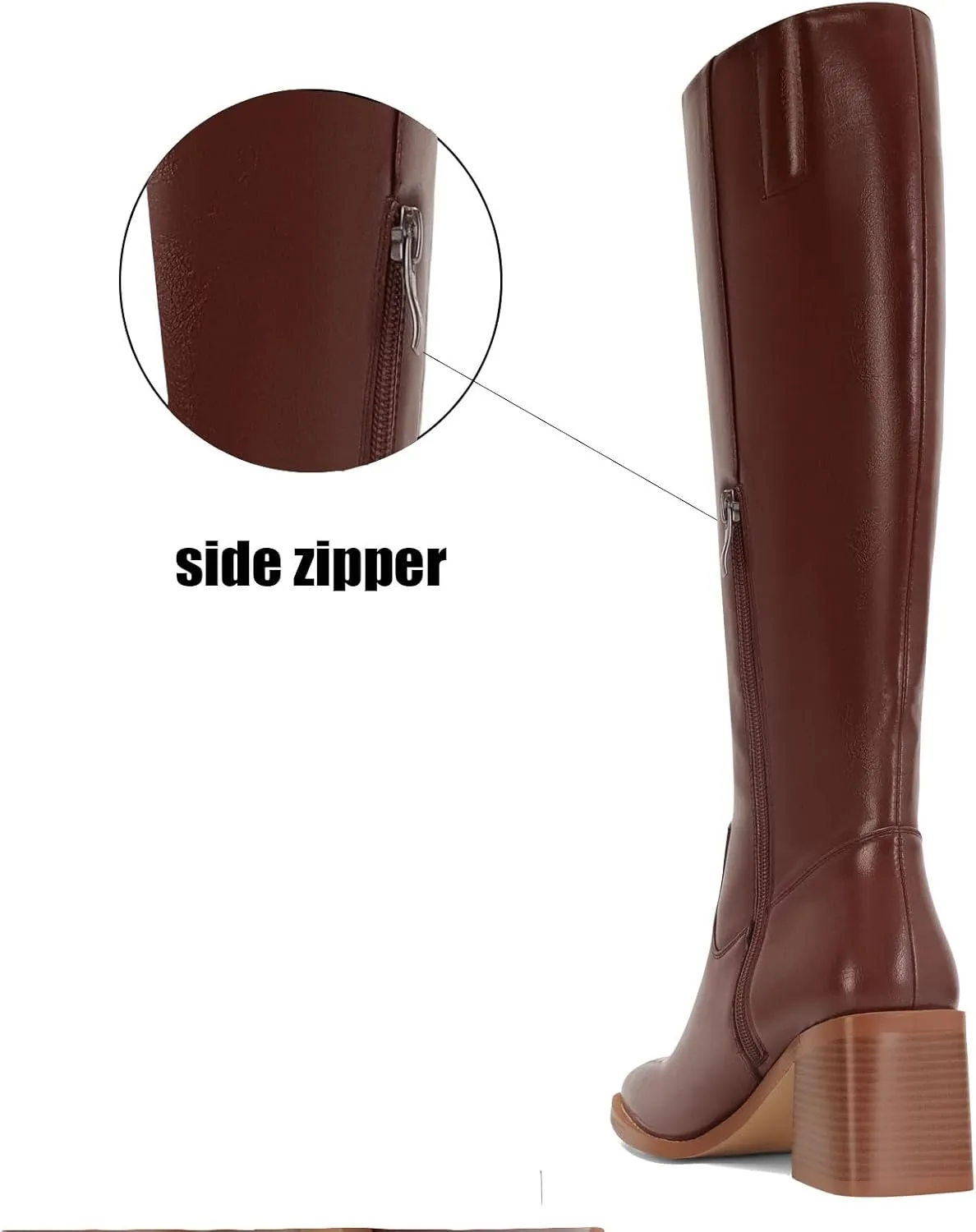 Women's Knee High Leather Boots with Zipper Square Toe Chunky Heeled Tall Boots