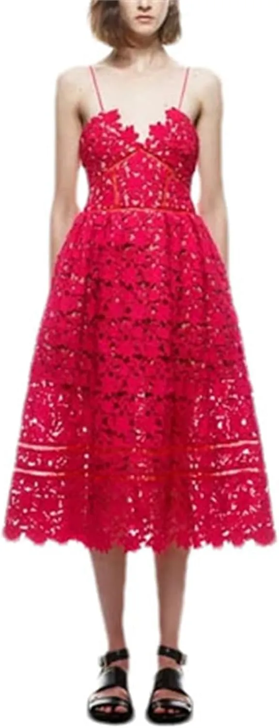 Women's Lace Sleeveless Dress – Bohemian Cutout Spaghetti Strap Stretchy Fit Knee-Length Dress
