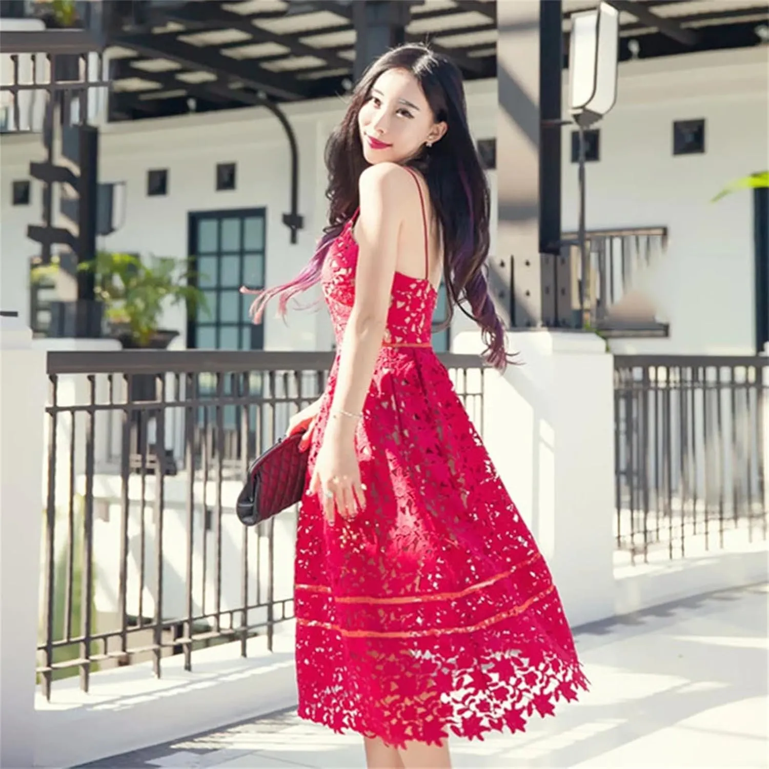 Women's Lace Sleeveless Dress – Bohemian Cutout Spaghetti Strap Stretchy Fit Knee-Length Dress