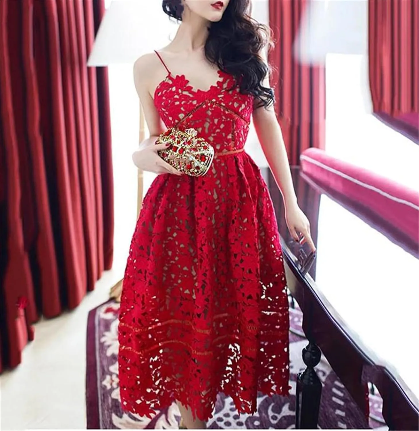 Women's Lace Sleeveless Dress – Bohemian Cutout Spaghetti Strap Stretchy Fit Knee-Length Dress