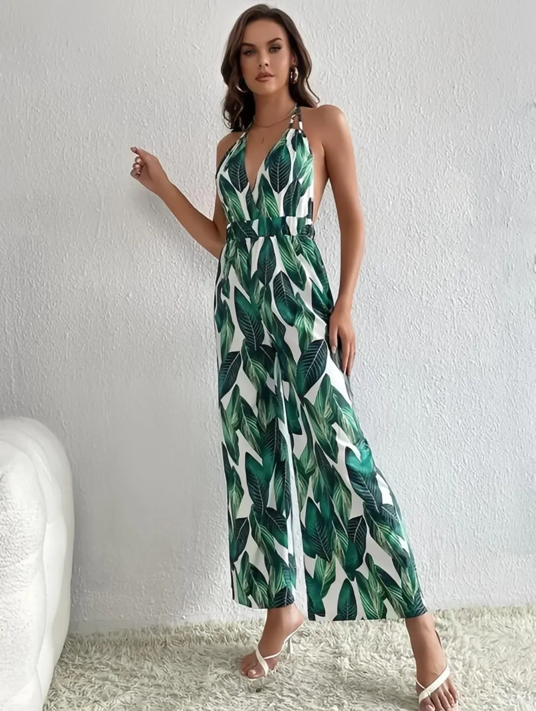 Women's Leaf Printed Summer Jumpsuit Tropical One Piece Casual Outfits Halter Neck Pants Romper