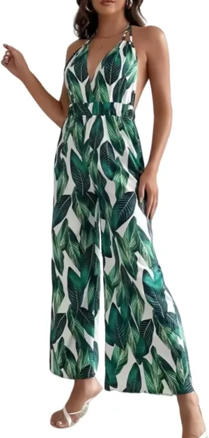 Women's Leaf Printed Summer Jumpsuit Tropical One Piece Casual Outfits Halter Neck Pants Romper