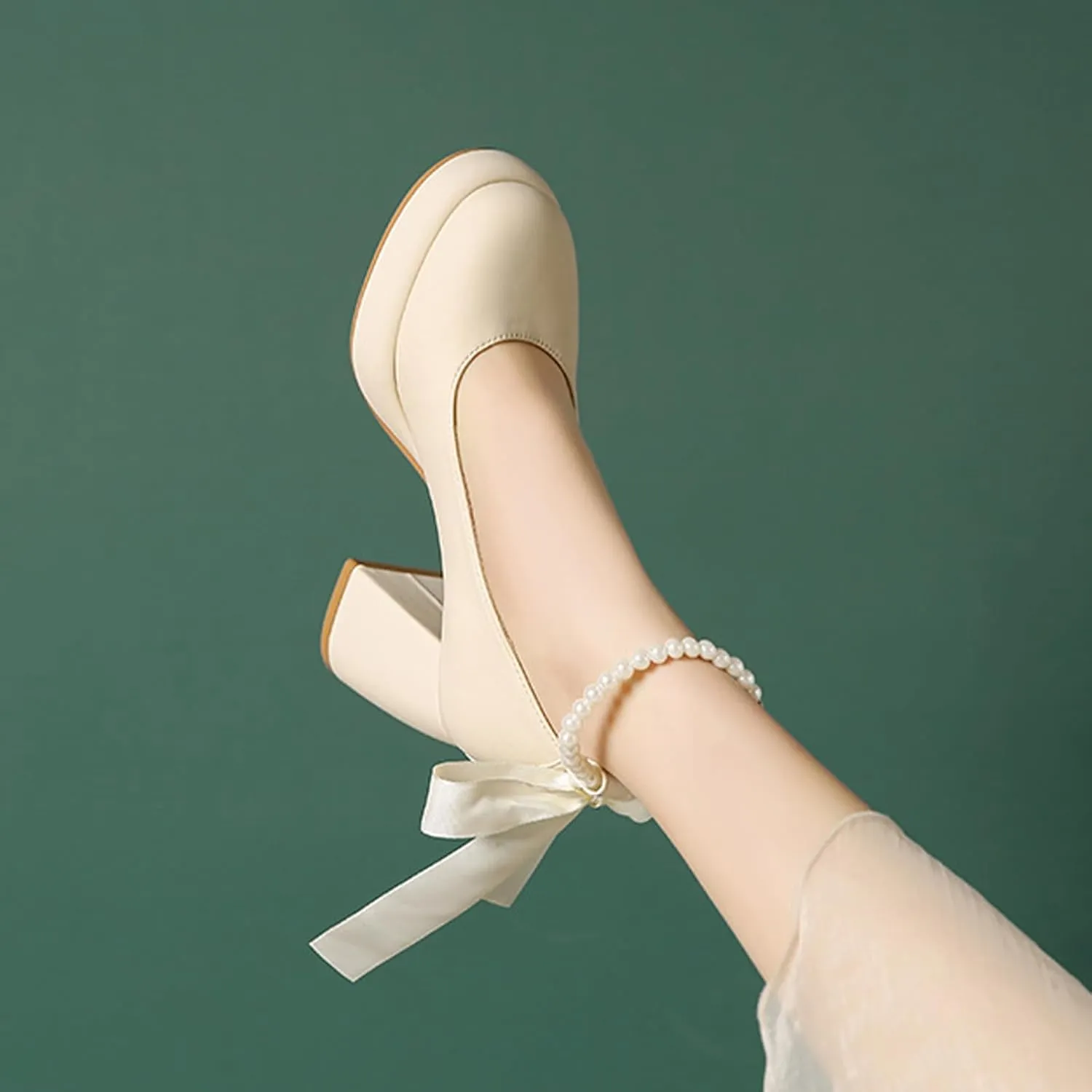 Women's Leather Chunky High Heel Pearl Chain Ankle Strap Pumps Round Closed Toe Platform Elegant Mary Jane Dress Shoes Wedding Party Evening Shoes