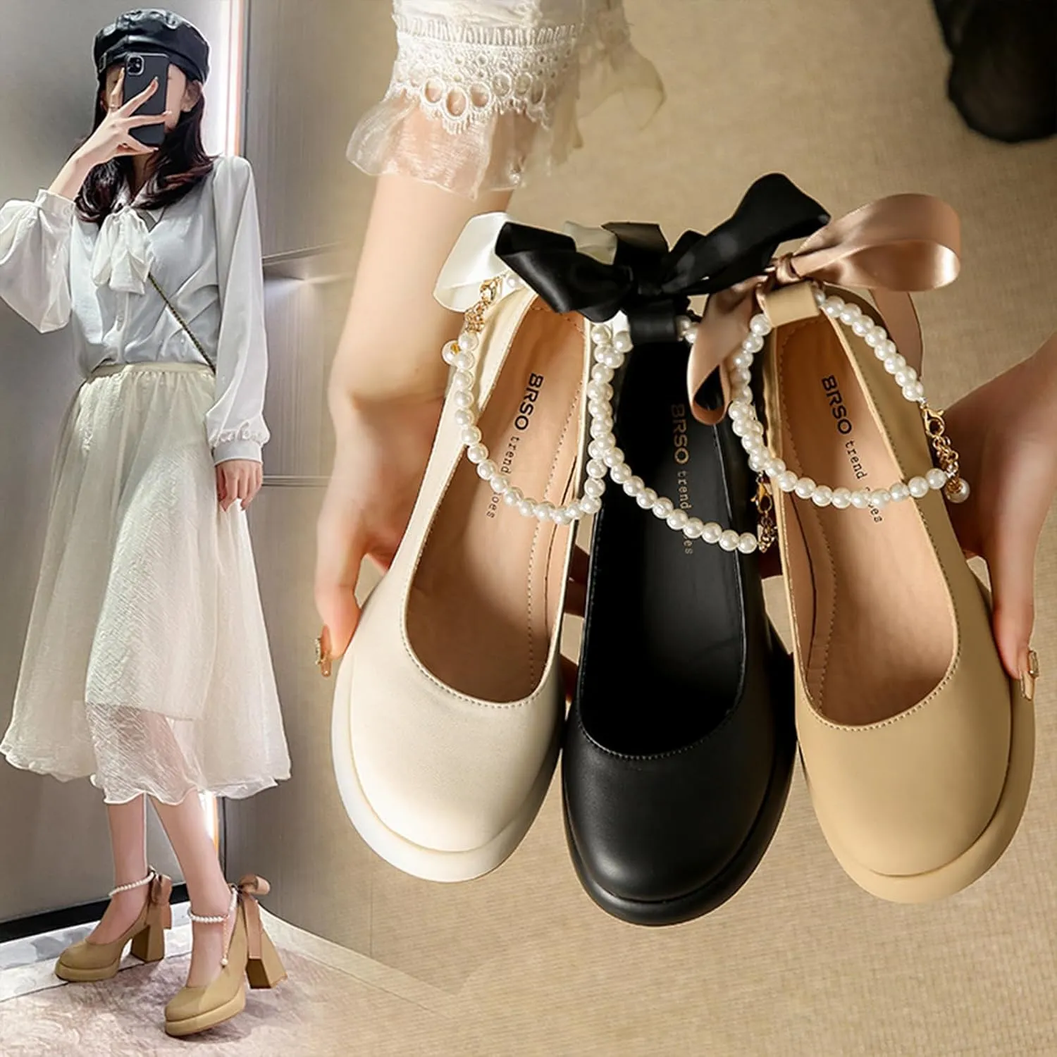 Women's Leather Chunky High Heel Pearl Chain Ankle Strap Pumps Round Closed Toe Platform Elegant Mary Jane Dress Shoes Wedding Party Evening Shoes