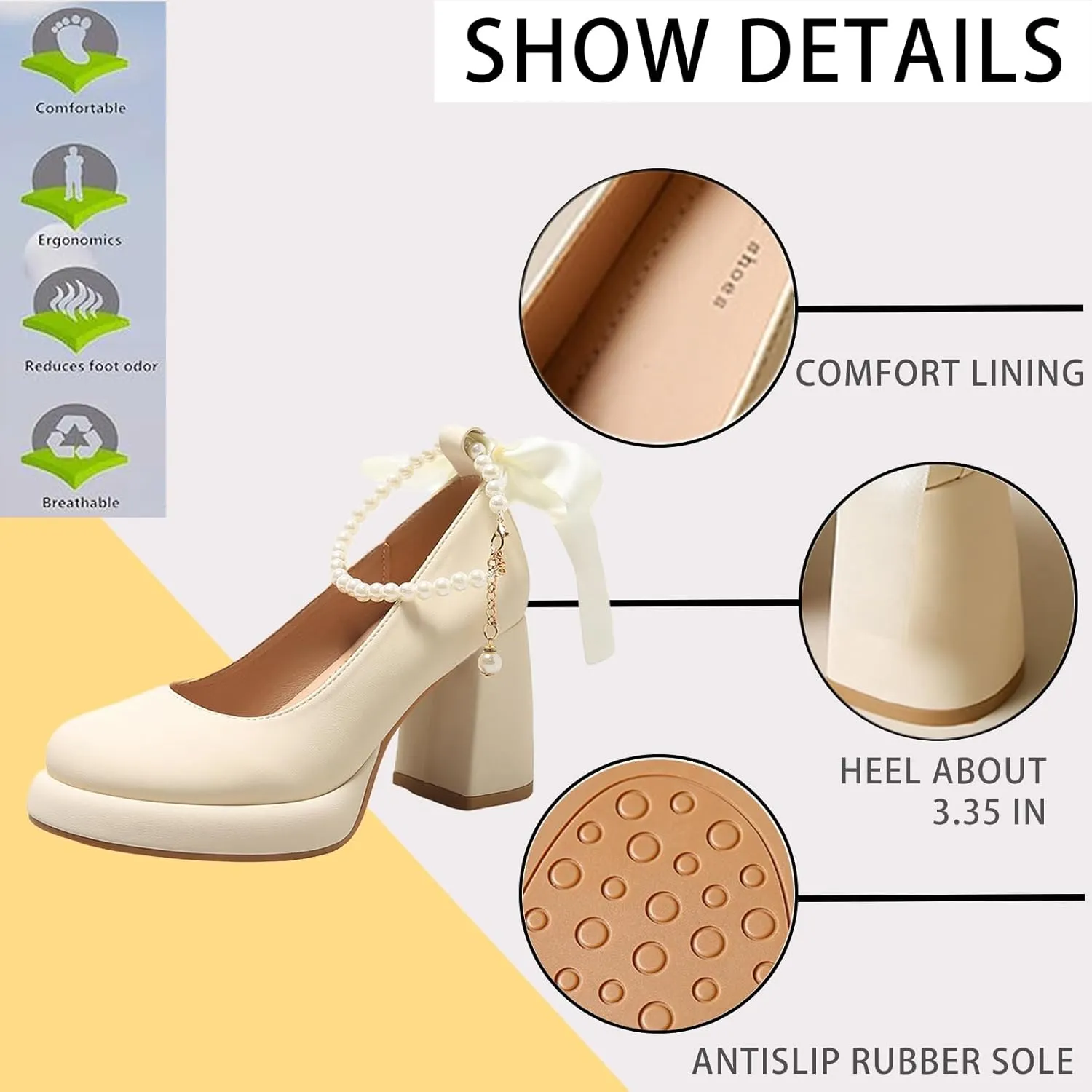 Women's Leather Chunky High Heel Pearl Chain Ankle Strap Pumps Round Closed Toe Platform Elegant Mary Jane Dress Shoes Wedding Party Evening Shoes