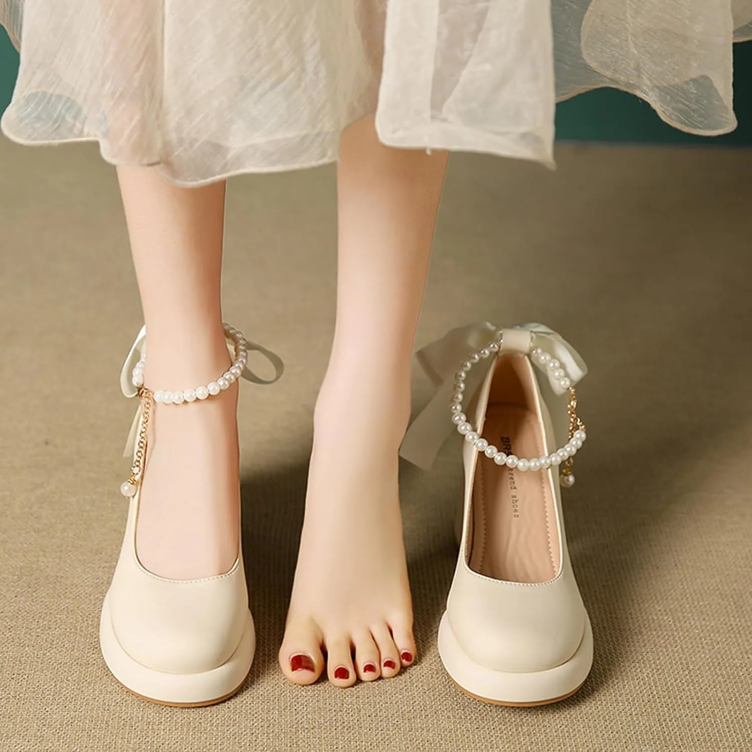 Women's Leather Chunky High Heel Pearl Chain Ankle Strap Pumps Round Closed Toe Platform Elegant Mary Jane Dress Shoes Wedding Party Evening Shoes