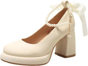 Women's Leather Chunky High Heel Pearl Chain Ankle Strap Pumps Round Closed Toe Platform Elegant Mary Jane Dress Shoes Wedding Party Evening Shoes