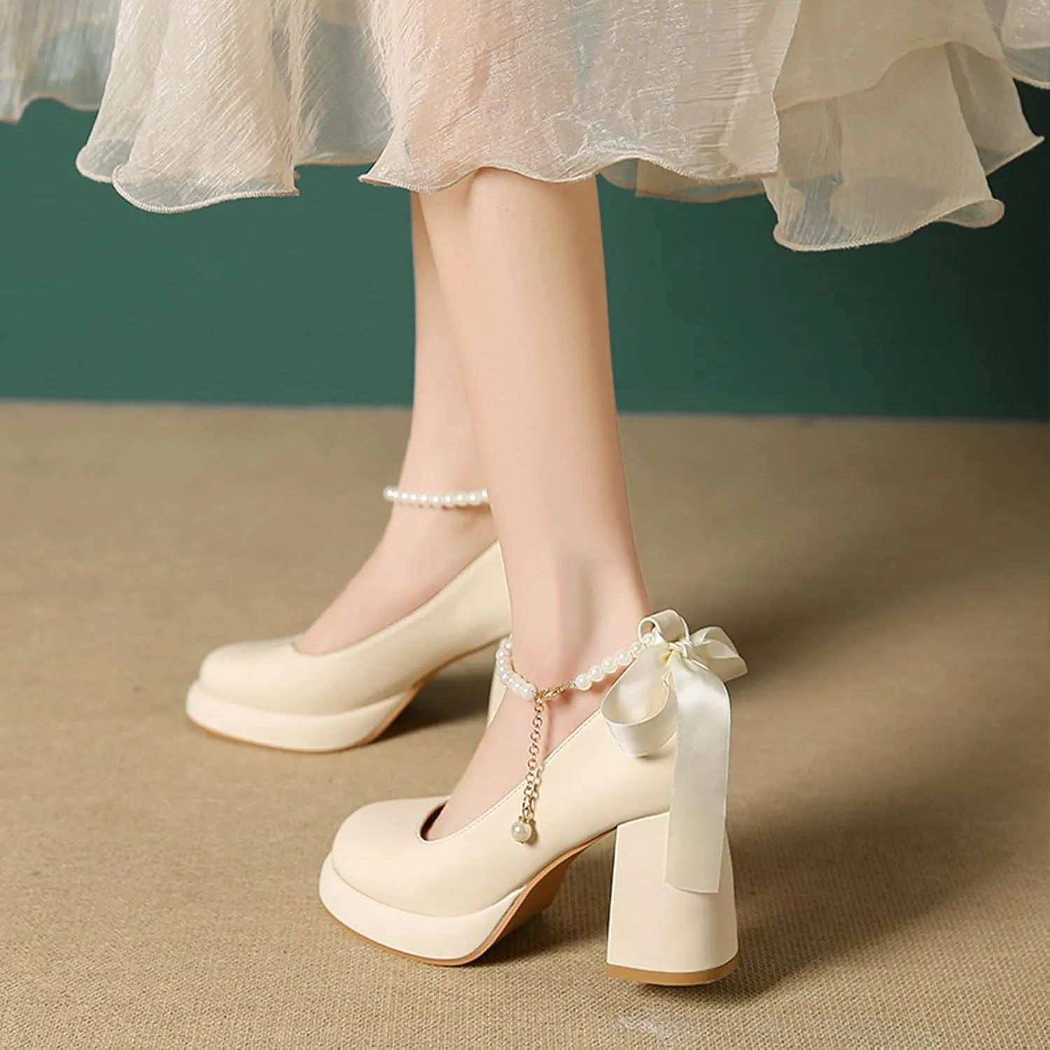 Women's Leather Chunky High Heel Pearl Chain Ankle Strap Pumps Round Closed Toe Platform Elegant Mary Jane Dress Shoes Wedding Party Evening Shoes