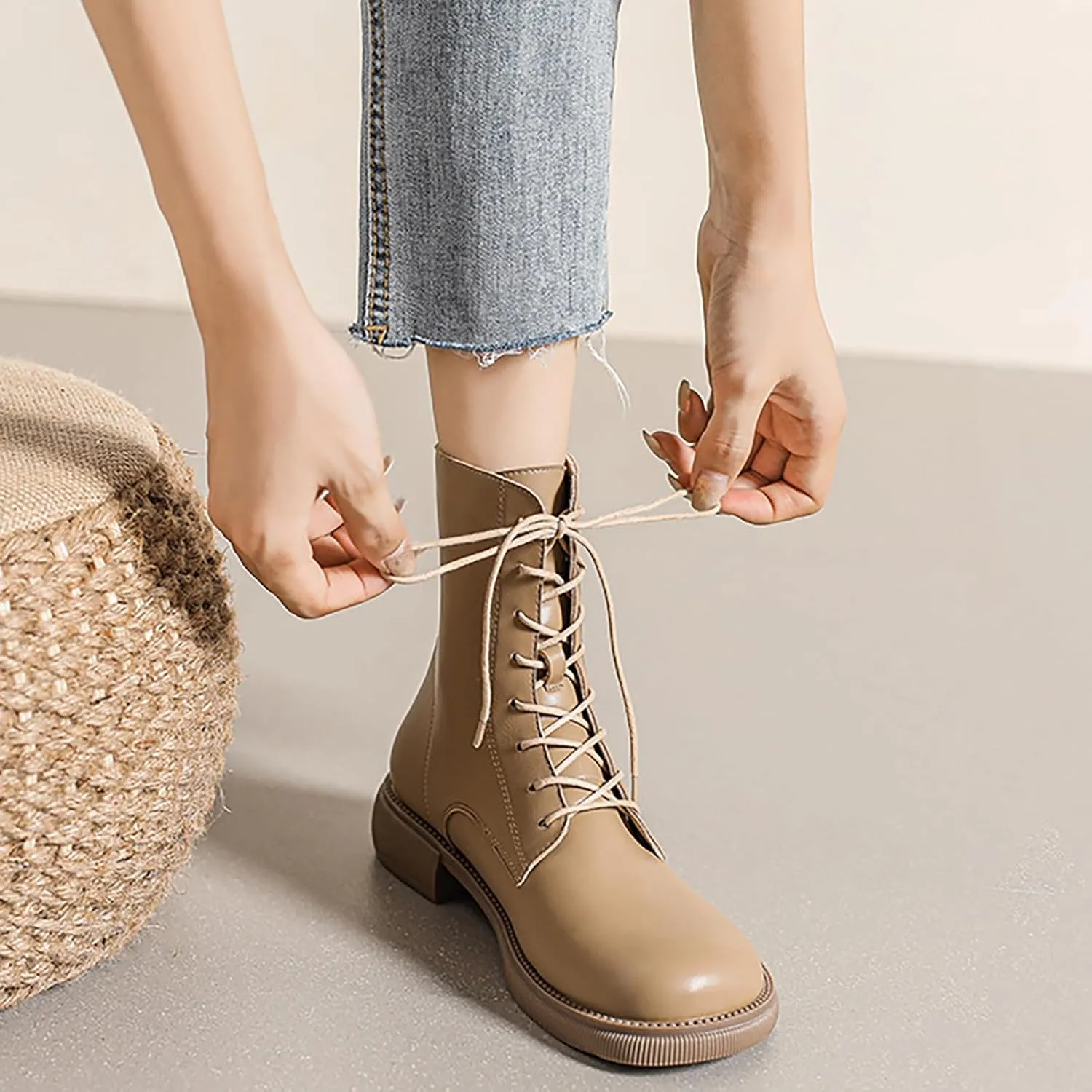 Women'S Leather Lace-Up Round Toe Low Chunky Heel Ankle Boots Autumn Winter Fashion Rear Zipper Comfortable Warm Block Heel Booties