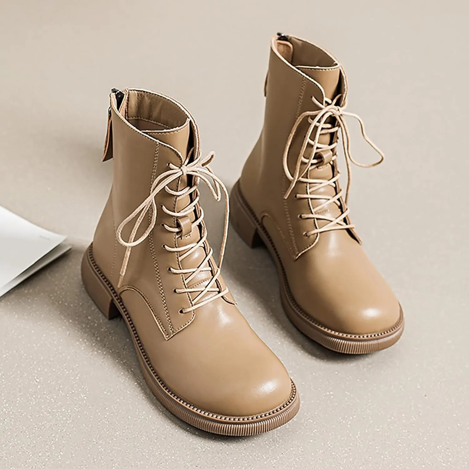 Women'S Leather Lace-Up Round Toe Low Chunky Heel Ankle Boots Autumn Winter Fashion Rear Zipper Comfortable Warm Block Heel Booties