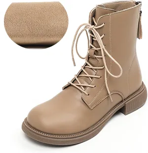 Women'S Leather Lace-Up Round Toe Low Chunky Heel Ankle Boots Autumn Winter Fashion Rear Zipper Comfortable Warm Block Heel Booties