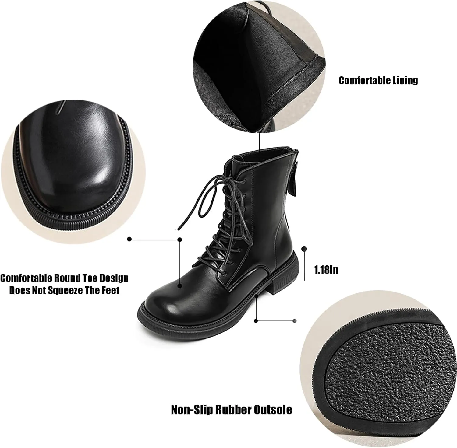 Women'S Leather Lace-Up Round Toe Low Chunky Heel Ankle Boots Autumn Winter Fashion Rear Zipper Comfortable Warm Block Heel Booties