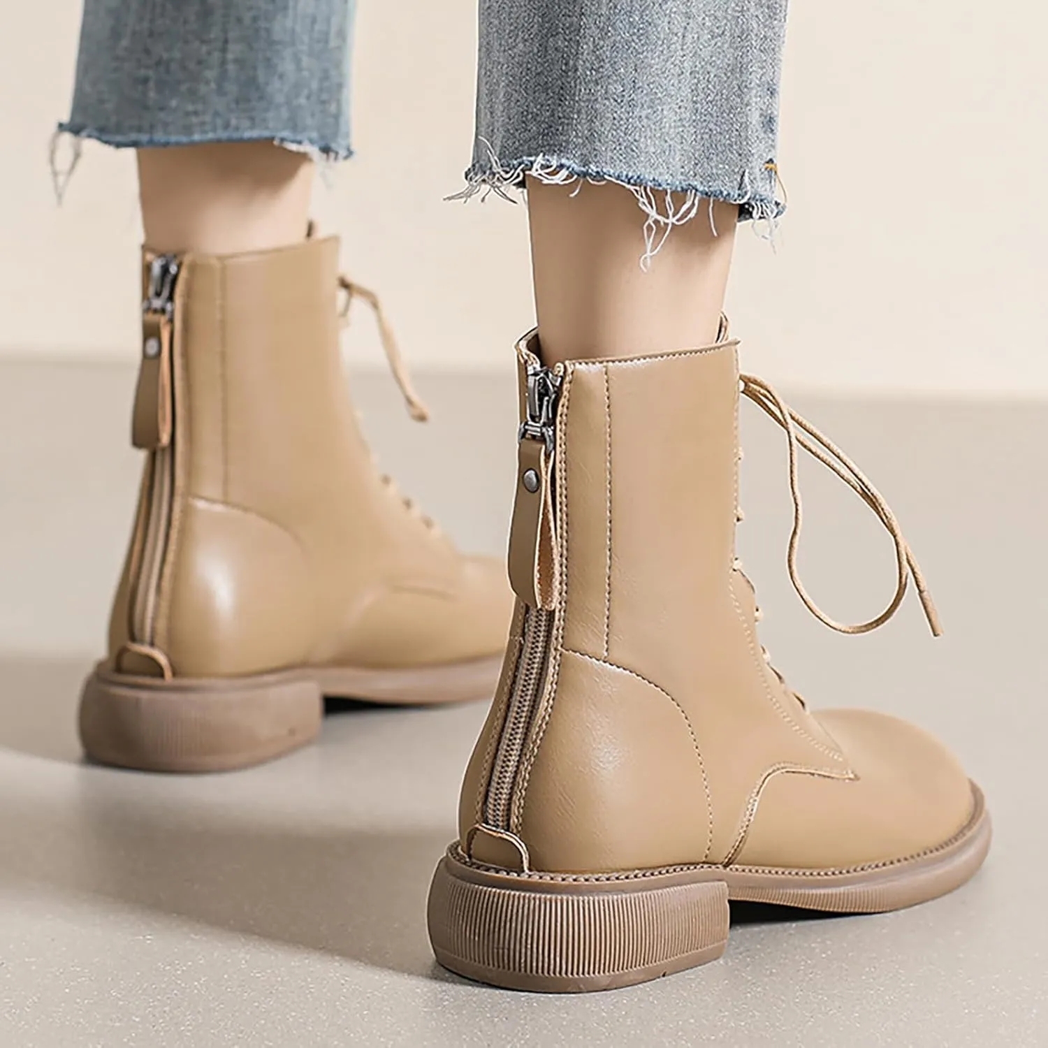 Women'S Leather Lace-Up Round Toe Low Chunky Heel Ankle Boots Autumn Winter Fashion Rear Zipper Comfortable Warm Block Heel Booties