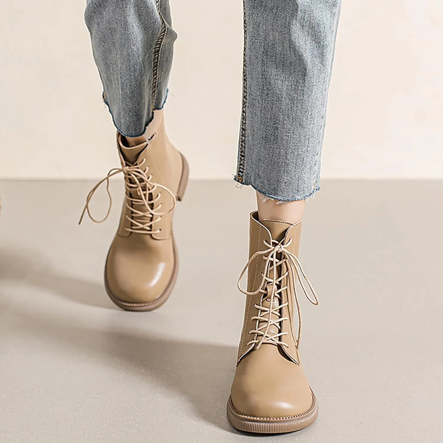 Women'S Leather Lace-Up Round Toe Low Chunky Heel Ankle Boots Autumn Winter Fashion Rear Zipper Comfortable Warm Block Heel Booties