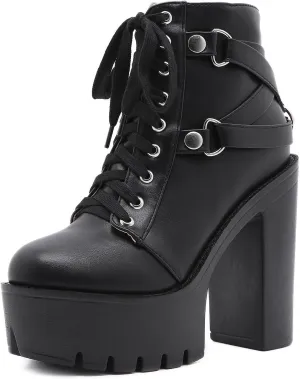 Women's Leather Platform High Heels Combat Ankle Boots With Side Zipper Fashion Comfort Round Toe Lace Up Lug Sole Chunky Heel Goth Booties for Party Prom Dress Boots