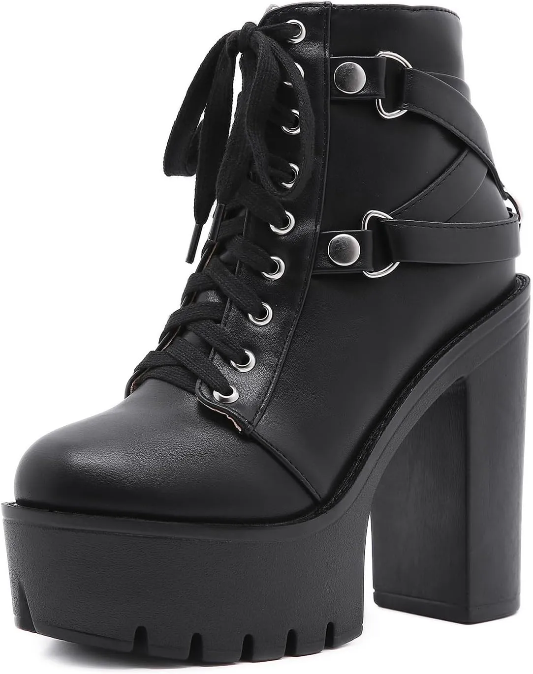 Women's Leather Platform High Heels Combat Ankle Boots With Side Zipper Fashion Comfort Round Toe Lace Up Lug Sole Chunky Heel Goth Booties for Party Prom Dress Boots