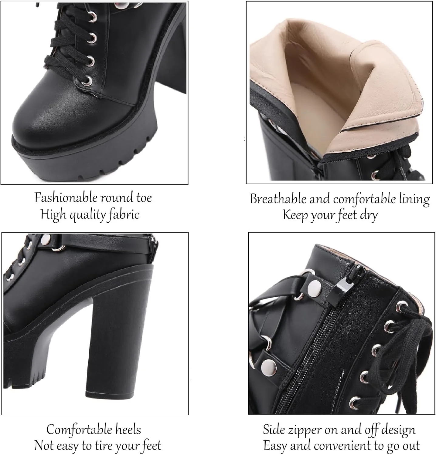 Women's Leather Platform High Heels Combat Ankle Boots With Side Zipper Fashion Comfort Round Toe Lace Up Lug Sole Chunky Heel Goth Booties for Party Prom Dress Boots