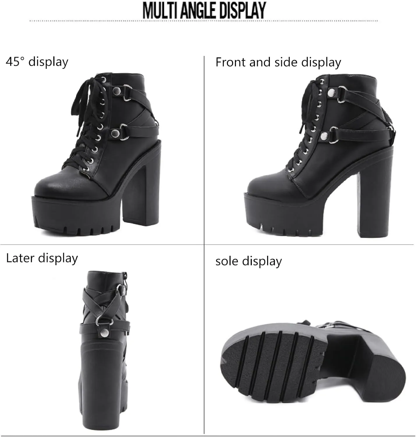 Women's Leather Platform High Heels Combat Ankle Boots With Side Zipper Fashion Comfort Round Toe Lace Up Lug Sole Chunky Heel Goth Booties for Party Prom Dress Boots